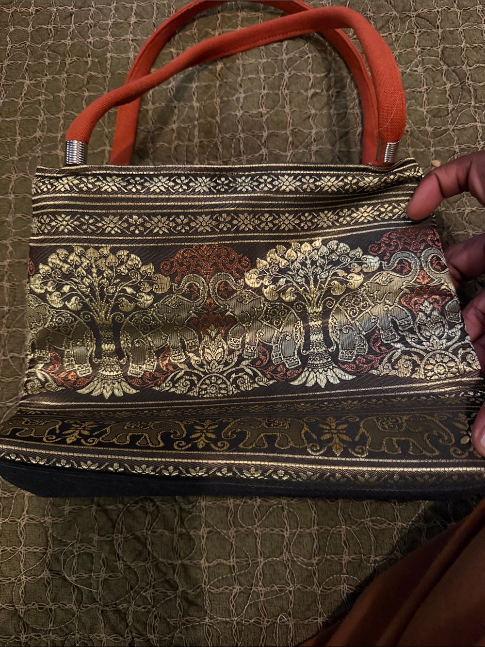 Gold & Red Embroidered Shoulder Bag with Coral Handles - Picture 3 of 8